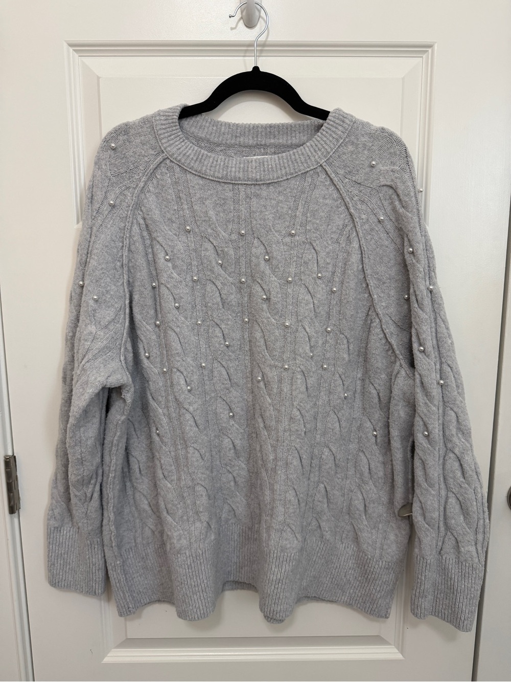 Aerie Women's Large unREAL Cable Knit Sweater with Pearl Accents Gray
